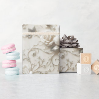 エレガントなアイボリーローズとシルバーの花柄 ラッピングペーパー