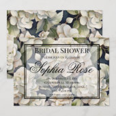 エレガントなアイボリー ピンク 緑 ネイビー 水彩 花 招待状 (正面/裏面)