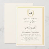 エレガントなアイボリー & フェイクゴールドの紋章(クレスト) フラワーモチーフの装飾付き 招待状 (正面/裏面)