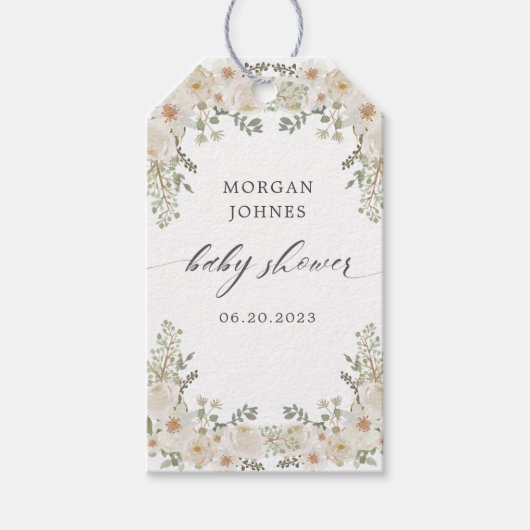 エレガントなアイボリー フラワーブライダルシャワー ギフトタグ (正面)