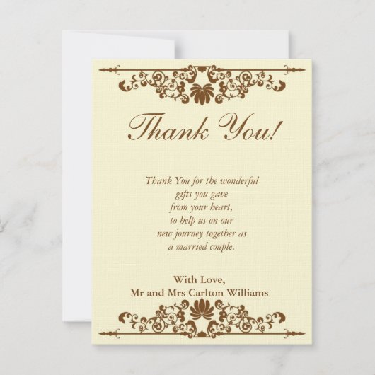 エレガントなアイボリー/ブラウンのウェディングフラットサンクスカード 招待状 (正面)