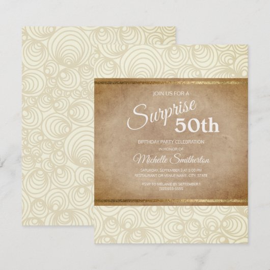 エレガントなアイボリー ブラウン ゴールド 50歳の誕生日パーティー 招待状 (正面/裏面)