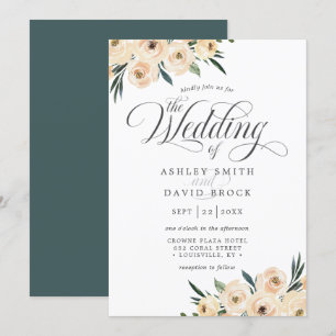 エレガントなアイボリー ホワイト ローズ フローラル ウェディング 招待状