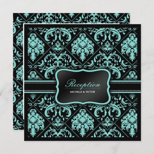 エレガントなアクアブルーとブラックのダマスク 受付のみ 招待状 (正面/裏面)