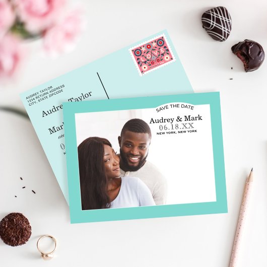 エレガントなアクアブルーの結婚式の写真を使ったSave the Date 案内ポストカード
