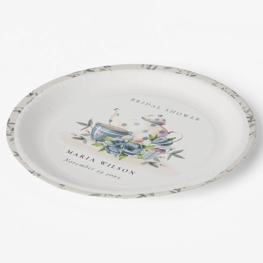 エレガントなアクアブルーの花柄ティーポットとカップのウェディングシャワー ペーパープレート (アングル)