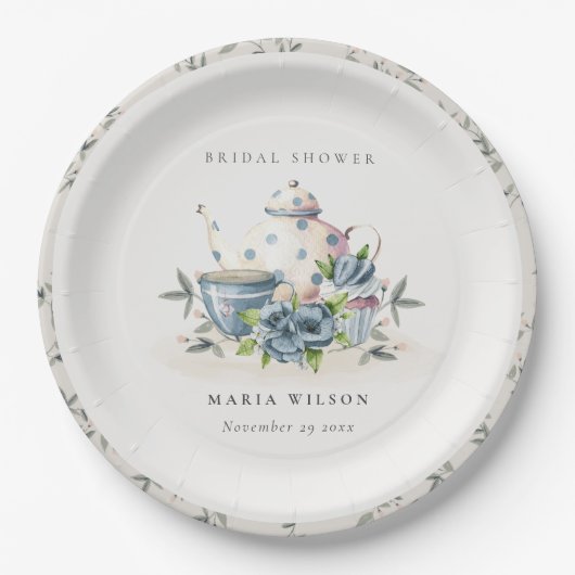 エレガントなアクアブルーの花柄ティーポットとカップのウェディングシャワー ペーパープレート (正面)