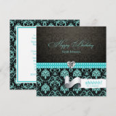 エレガントなアクアブルー＆ブラックのダマスクサプライズ誕生日 招待状 (正面/裏面)