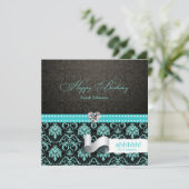 エレガントなアクアブルー＆ブラックのダマスクサプライズ誕生日 招待状 (スタンド正面)