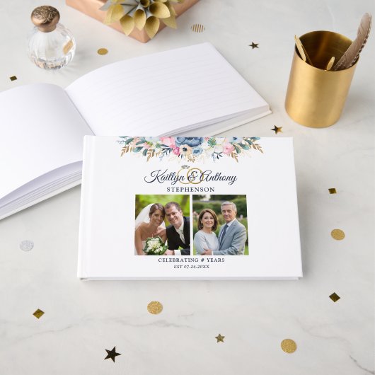 エレガントなアニバーサリー・ウォーターカラー・フラワーズ　２つの写真 ゲストブック (正面見開き)