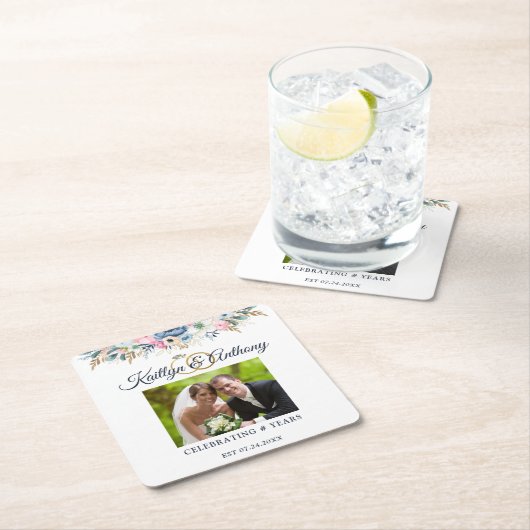 エレガントなアニバーサリー・ウォーターカラー・フラワーフォトリング スクエアペーパーコースター (インサイチュ)