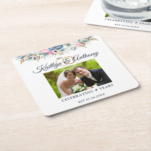 エレガントなアニバーサリー・ウォーターカラー・フラワーフォトリング スクエアペーパーコースター (アングル)