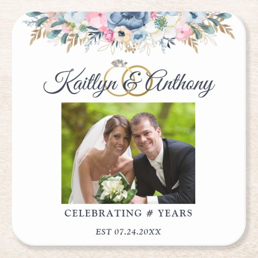 エレガントなアニバーサリー・ウォーターカラー・フラワーフォトリング スクエアペーパーコースター (正面)