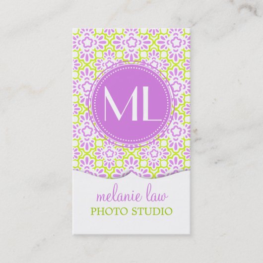 エレガントなアラベスクのダマスク織の薄紫の紫色のパーソナライズ 名刺 (正面)