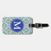 エレガントなアラベスクのダマスク織の青及び緑のパーソナライズ ラゲッジタグ (正面横)