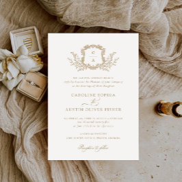 エレガントなアンティークの葉の紋章 ウェディングモノグラム 招待状