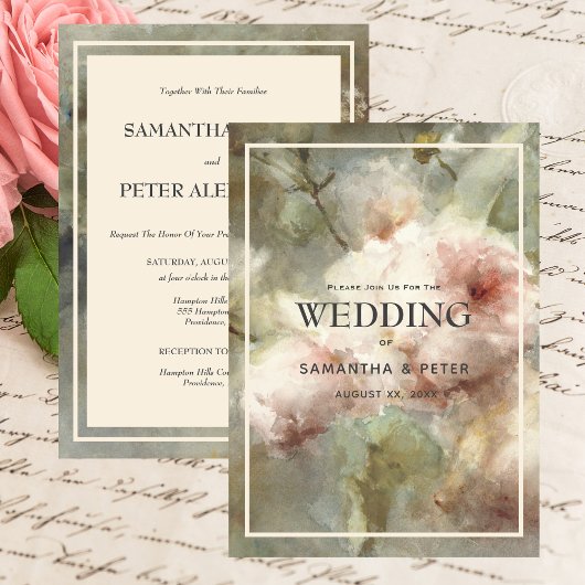 エレガントなアンティークローズ、ソフトピンクの水彩花 招待状
