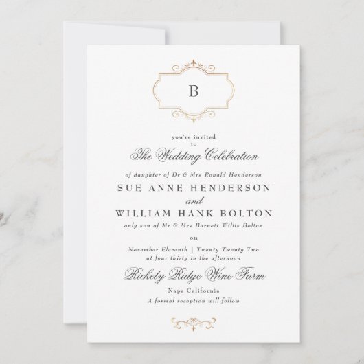 エレガントなアンティーク クラシック ゴールド モノグラム ウェディング 招待状 (正面)
