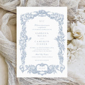 エレガントなアンティーク バロック フラワー ブルー フレーム ウェディング 招待状