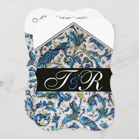 エレガントなアンティーク フロレンティン ブルー 花 モノグラム 招待状 (正面/裏面)