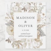 エレガントなアースカラーの花の白い結婚式 ワインラベル (シングルラベル)