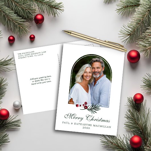 エレガントなアーチのクリスマスボタニカルホリデー写真 シーズンポストカード