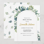 エレガントなアーチのグリーンと花の葉のブライダルシャワー 招待状 (正面/裏面)