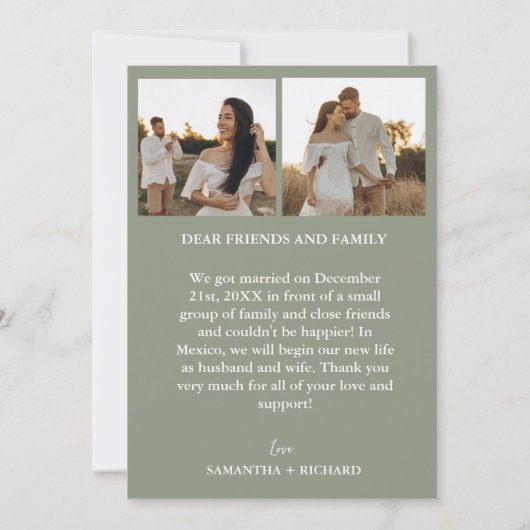 エレガントなアーチのセージグリーンでの秘密の結婚式のお知らせ 案内状 (裏面)