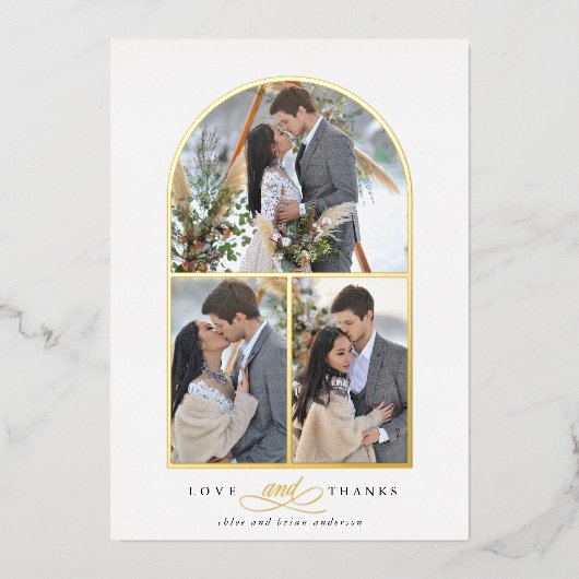 エレガントなアーチの愛と感謝の写真 ウェディング サンクス フォト 箔招待状 (正面)