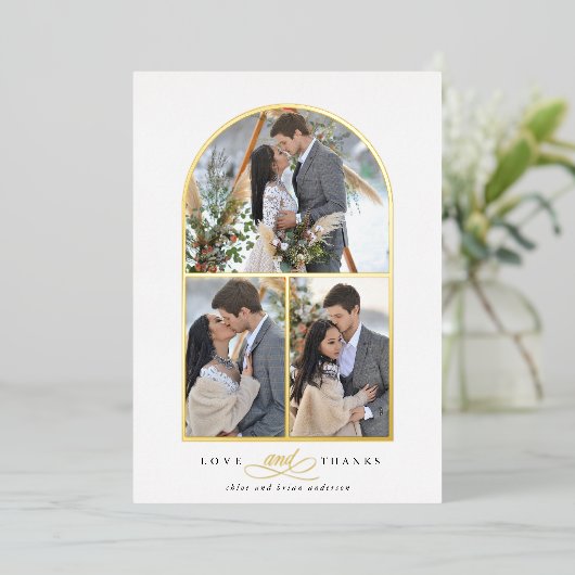 エレガントなアーチの愛と感謝の写真 ウェディング サンクス フォト 箔招待状 (立ち正面)