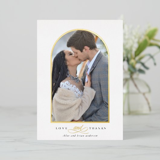 エレガントなアーチの愛と感謝の写真 ウェディング サンクス 箔招待状 (立ち正面)
