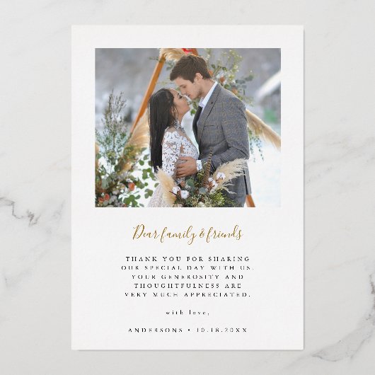 エレガントなアーチの愛と感謝の写真 ウェディング サンクス 箔招待状 (裏面)