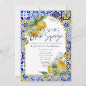 エレガントなアーチの青いタイルのレモンシトラス ブライダルシャワー 招待状 (正面)