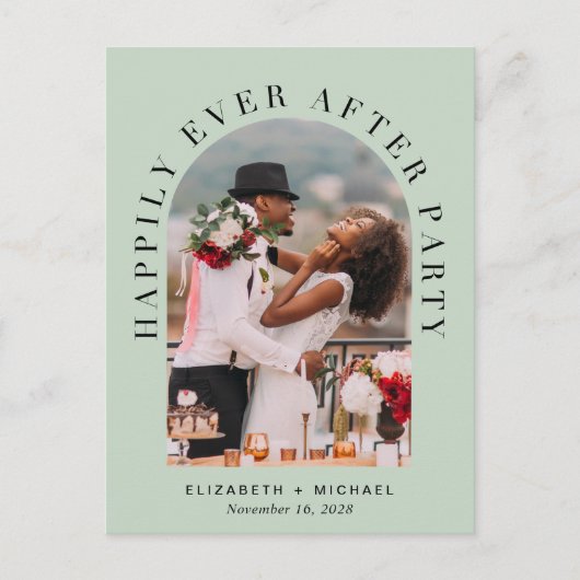 エレガントなアーチ写真とセージのウェディングレセプションカード インビテーションポストカード (正面)