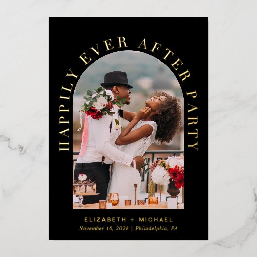 エレガントなアーチ写真 ウェディング レセプション ブラック ゴールド 箔招待状 (正面)