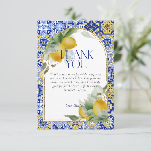 エレガントなアーチ イタリアン ブルータイル レモン ブライダルシャワー サンキューカード (スタンド正面)