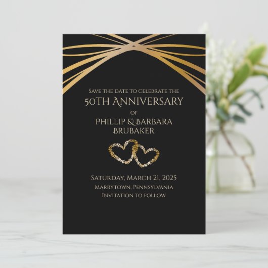 エレガントなアーチ ゴールド 50周年 おめでとうございます Save the Date 招待状 (スタンド正面)