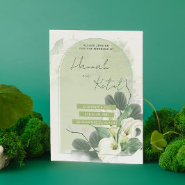 エレガントなアーチ セージグリーン & ホワイト 水彩 フラワーズ セーブザデート