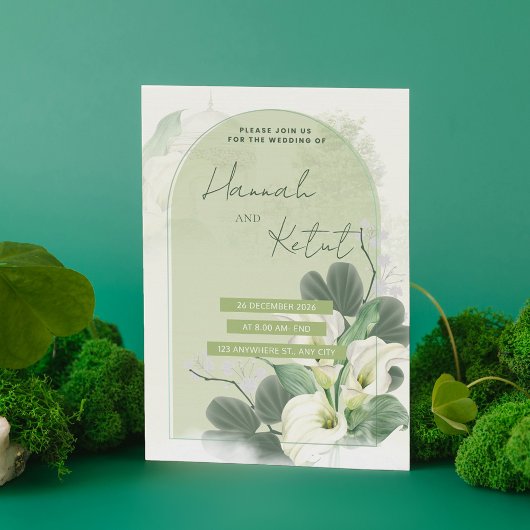 エレガントなアーチ セージグリーン & ホワイト 水彩 フラワーズ セーブザデート