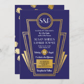 エレガントなアートデコ ウェディング 招待状 ネイビー ゴールド (正面/裏面)