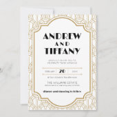 エレガントなアートデコ ガツビー 1920年代 結婚式 ホワイトゴールド 招待状 (正面)