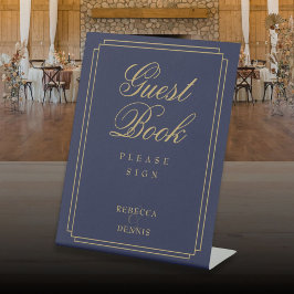 エレガントなアートデコ ネイビーブルーとゴールドのゲストブック 台座サイン