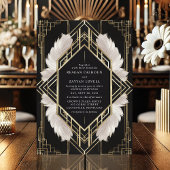 エレガントなアートデコ ブラックとゴールドの羽根の結婚式 招待状