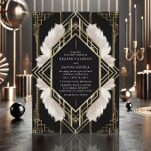 エレガントなアートデコ ブラックとゴールドの羽根の結婚式 招待状