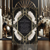 エレガントなアートデコ ブラックとゴールドの羽根の結婚式 招待状