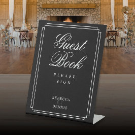 エレガントなアートデコ ブラック＆ホワイト ゲストブック 台座サイン