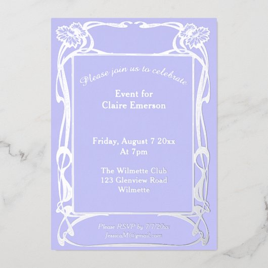 エレガントなアート・ヌーヴォー・スタイルの花枠の箔押し招待状 箔招待状 (正面)