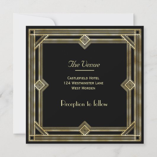 エレガントなアールデコの金ゴールドの黒の結婚式 招待状 (裏面)