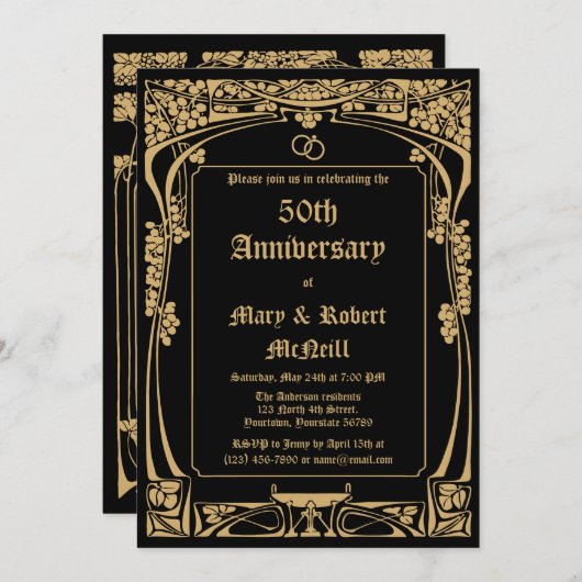 エレガントなアールヌーボー結婚記念日 招待状 (正面/裏面)