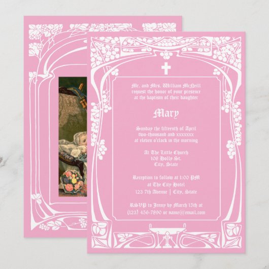 エレガントなアールヌーボー風の洗礼式招待状 招待状 (正面/裏面)
